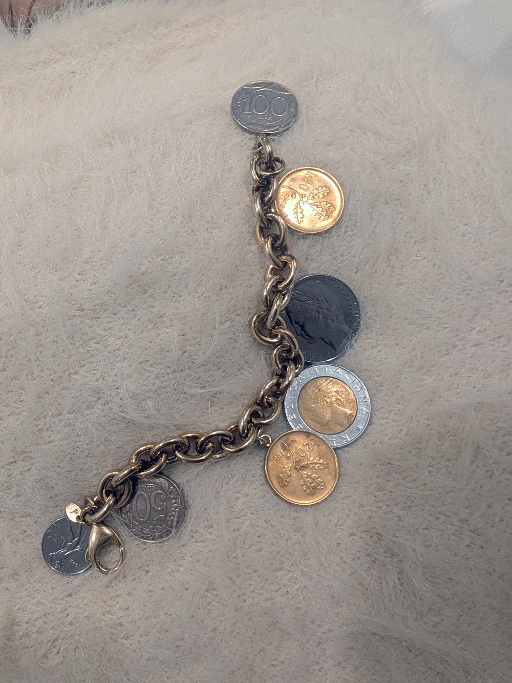 Italian 925 Sterling Silver Gold Vermeil Coin Lira Charm Bracelet